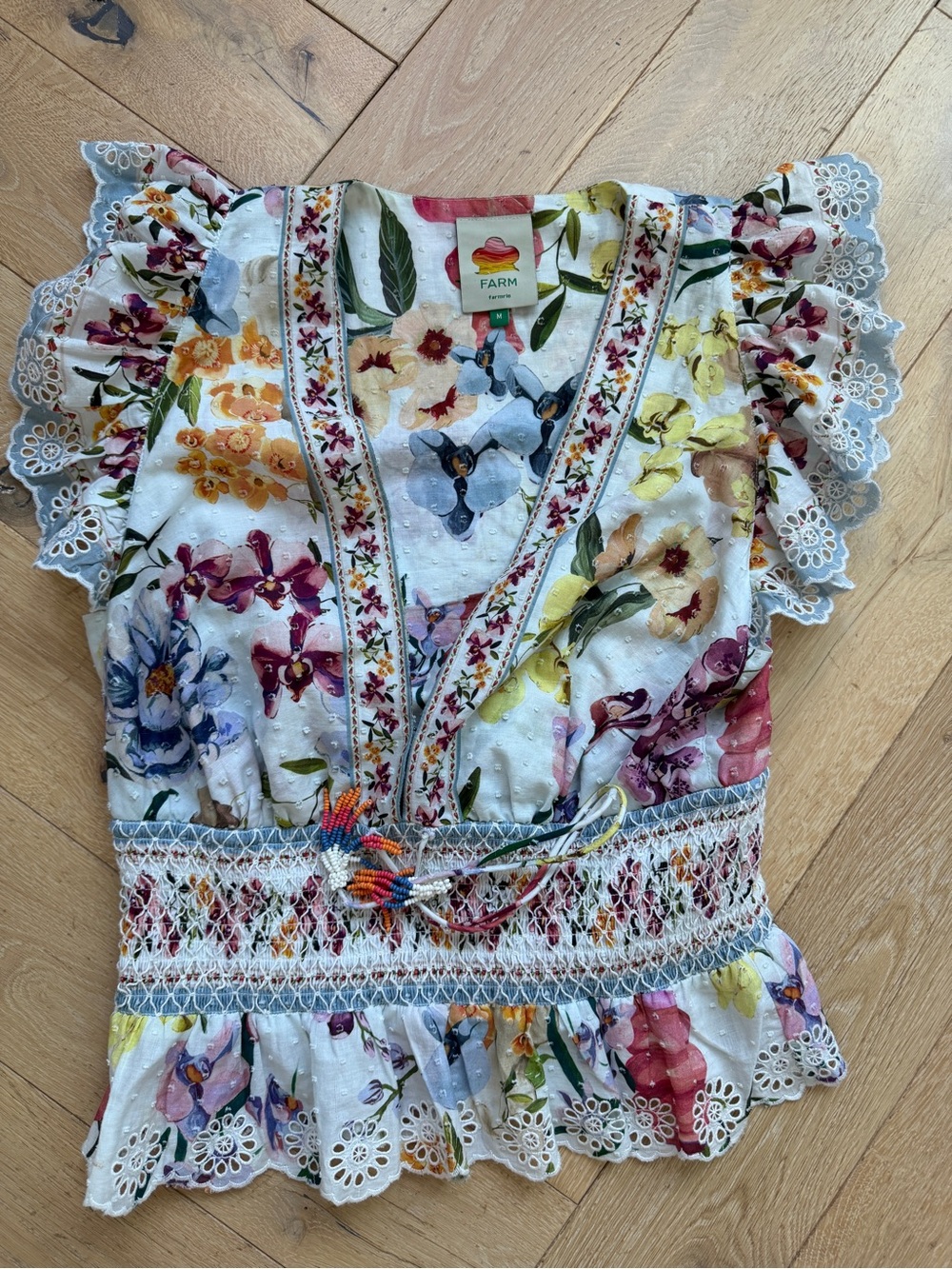FARM Rio Multicolor Floral Lace-Trim V-Neck Smocked Waist Top